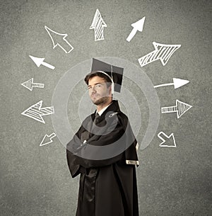 Young student with hand drawn arrows