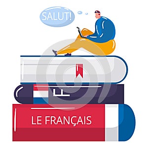 Young student online learning french language, tiny male character sitting book stack cartoon vector illustration