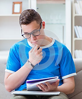 Young student preparing for exams studying at home on a sofa