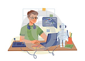 Young student programmer writing code computer