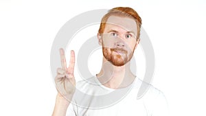 Young student red hair showing victory sign Isolated on white background.