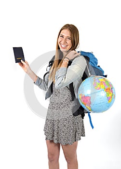 Young student tourist woman holding passport carrying backpack and world globe
