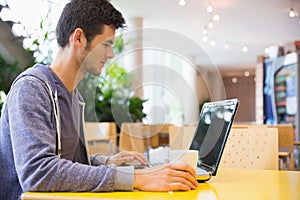 Young student using his laptop in cafe