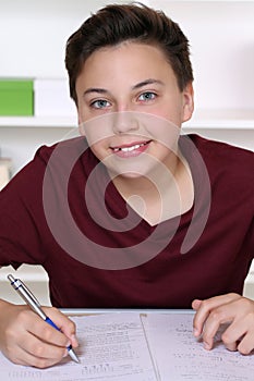 Young student writing in his exercise book at school
