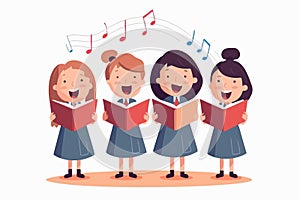 Young students with books harmonize in school chorus. Small children holding textbooks perform onstage. Music, recital. Vector