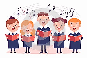 Young students with books harmonize in school chorus. Small children holding textbooks perform onstage. Music, recital. Vector
