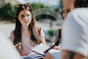 Young students collaborating outdoors during a study session on a sunny day