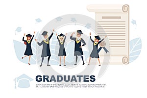 Young students graduated characters cartoon design flat vector illustration advertising banner horizontal