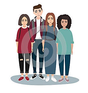 Young students group with sad faces. Vector illustration of a flat design. stylish girls and boy. Hipster students