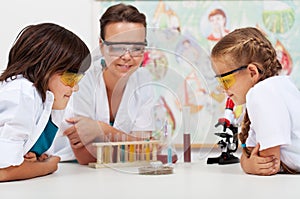 Young students watching an experiment in elementary science class