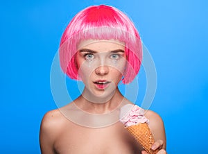 Young stylish girl posing with ice cream