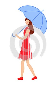 Young stylish girl in a red dress and sneakers under a blue umbrella. Vector illustration.