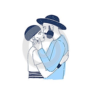 Young stylish hipster boy and girl kissing. Lovers or romantic partners on date. Portrait of boyfriend and girlfriend or