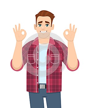 Young stylish man making okay sign. Trendy person showing or gesturing OK or cool with fingers. Male character design illustration
