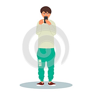 Young stylish man taking a photo with his smartphone.Vector illustration on white background in cartoon style