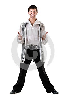 Young and stylish modern ballet dancer with thumbs up gesture, isolated on white in full length.
