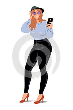 A young stylish modern girl takes a selfie, talks on a video call using a smartphone, and broadcasts to a vlog. Flat photo