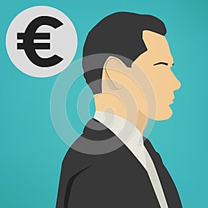 Young successful business man with a euro sign vector icon.