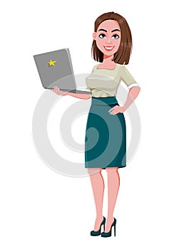 Young successful business woman holding laptop