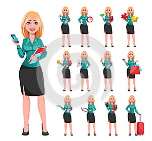 Young successful business woman, set of thirteen poses.