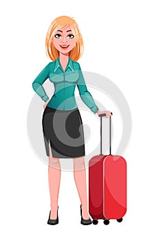 Young successful business woman standing with luggage