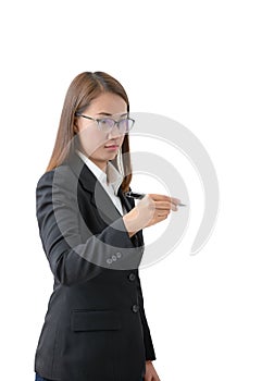 Young successful business woman writing with pen