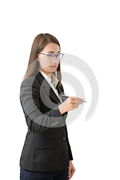 Young successful business woman writing with pen