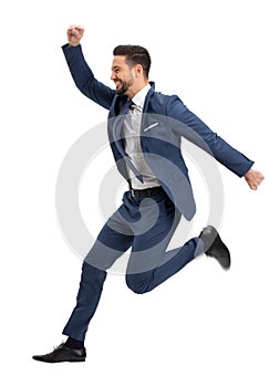 Young successful manager jumping in the air isolated