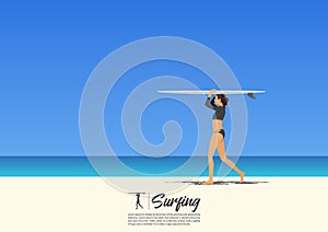 Young surfer girl carrying surfboard on her head and walking on white sand beach
