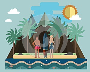 Young surfers, boy and girl. Hawaiian beach. Vector flat