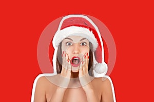 Young surprised girl with open mouth woman in Santa hat and swimsuit. Magazine collage style with trendy color background. Happy