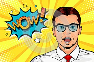 Young surprised man in glasses with open mouth and Wow speech bubble. Pop art illustration