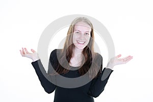 Young surprised woman blonde presenting product in two both palm hand finger up in white background