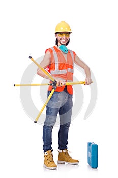 The young surveyor with tripod isolated on white