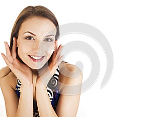 Young sweet brunette woman close up isolated on white background