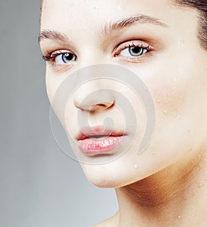 Young sweet brunette woman close up isolated on white background, perfect pure innocense beautiful, spa people concept