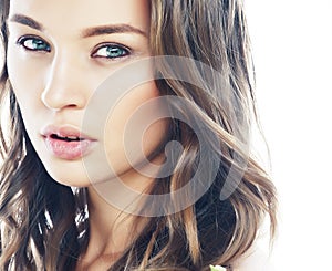 young sweet brunette woman close up  on white background, perfect pure innocense beautiful