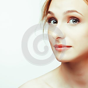 young sweet ginger woman close up  on white background, perfect pure innocense beautiful