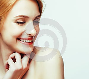 young sweet ginger woman close up  on white background, perfect pure innocense beautiful