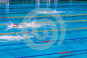 Young swimmers in outdoor swimming pool during competition. Health and fitness lifestyle concept with kids.