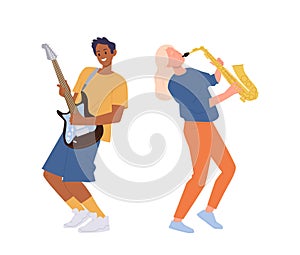 Young man and woman cartoon characters playing guitar and saxophone isolated on white background photo