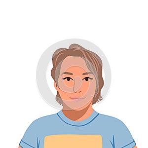 A young tanned girl with short hair in a blue t-shirt. Vector illustration in flat style