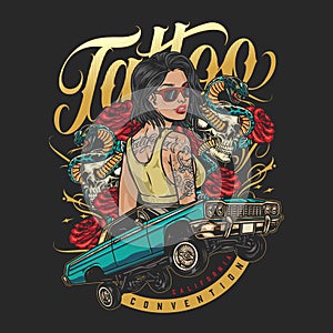 Young tattooed woman colorful flyer