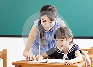 Young Teacher helping child with writing lesson