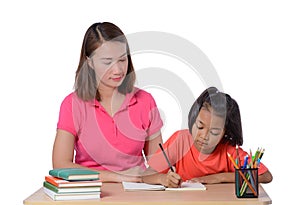 Young Teacher helping child with writing lesson isolated on white background