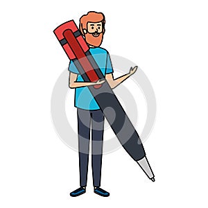 Young teacher male with big pen character