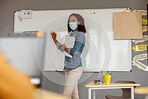 Young teacher in a mask standing in the classroom