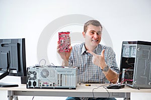 The young technician repairing computer in workshop