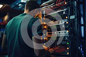 Young technician working on server in datacenter. Selective focus, rear view of An IT Engineer close-up shot of fixing a server