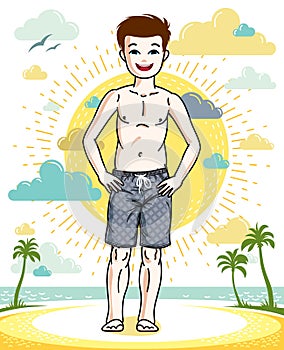 Young teen boy cute children standing wearing fashionable beach